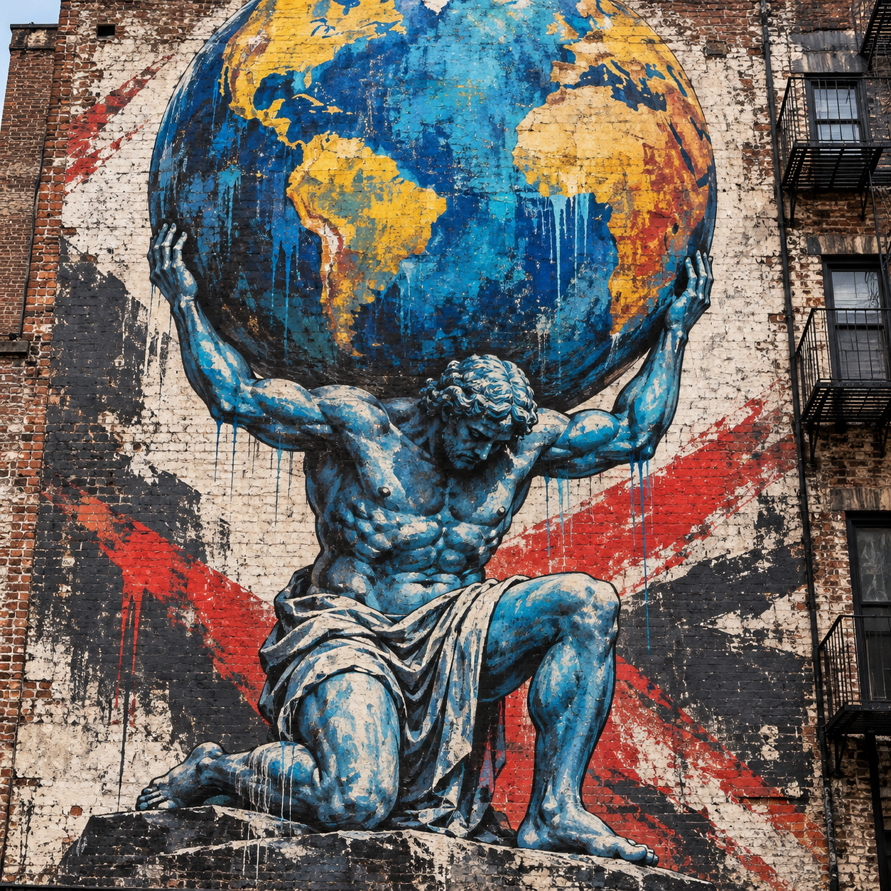 Atlas carrying the world in a blue, gold, and red graffiti mural on a New York City brick building